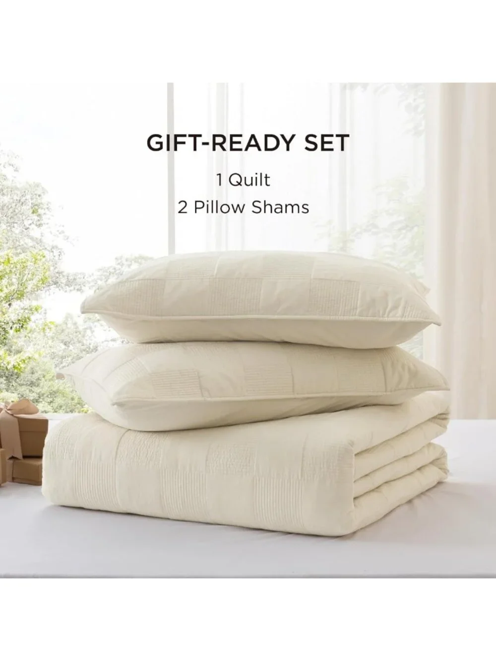 100% Cotton King Quilt Set, Checker Pattern, Soft Beige Comforter for Cozy